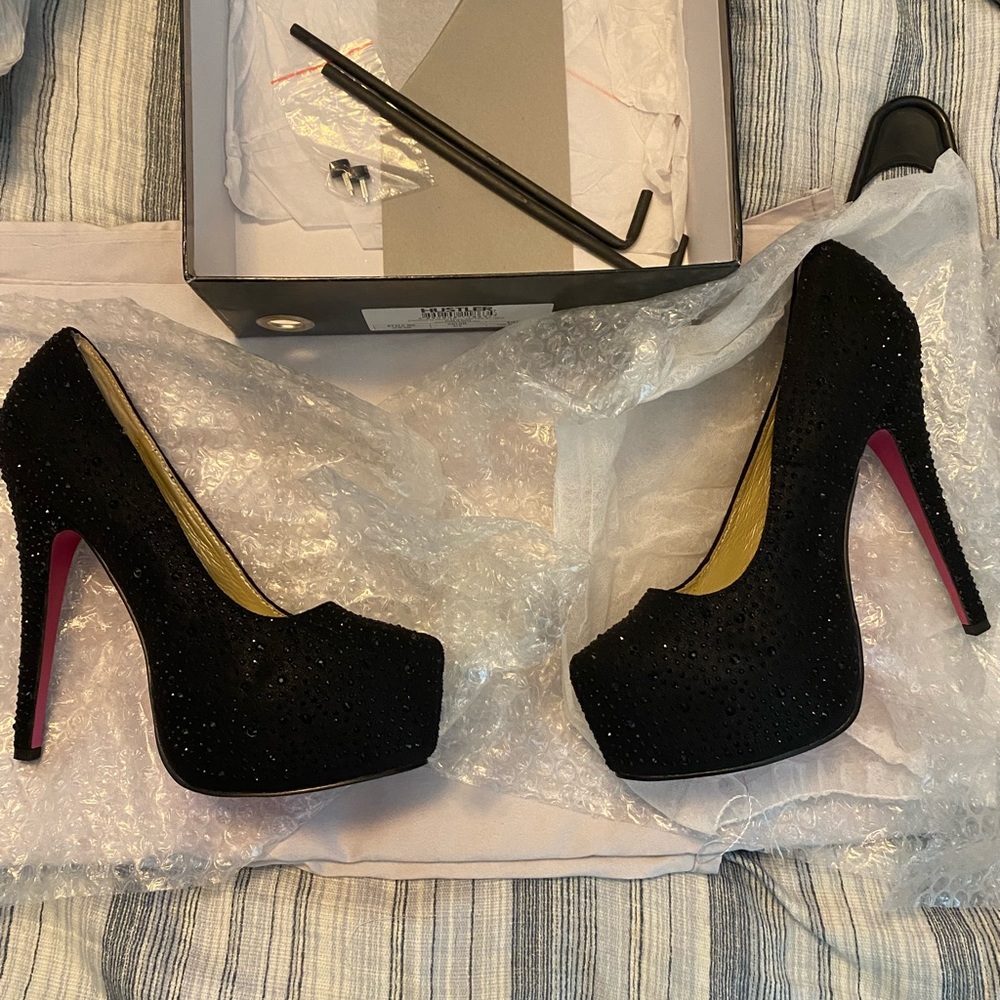 Black beaded platform heels